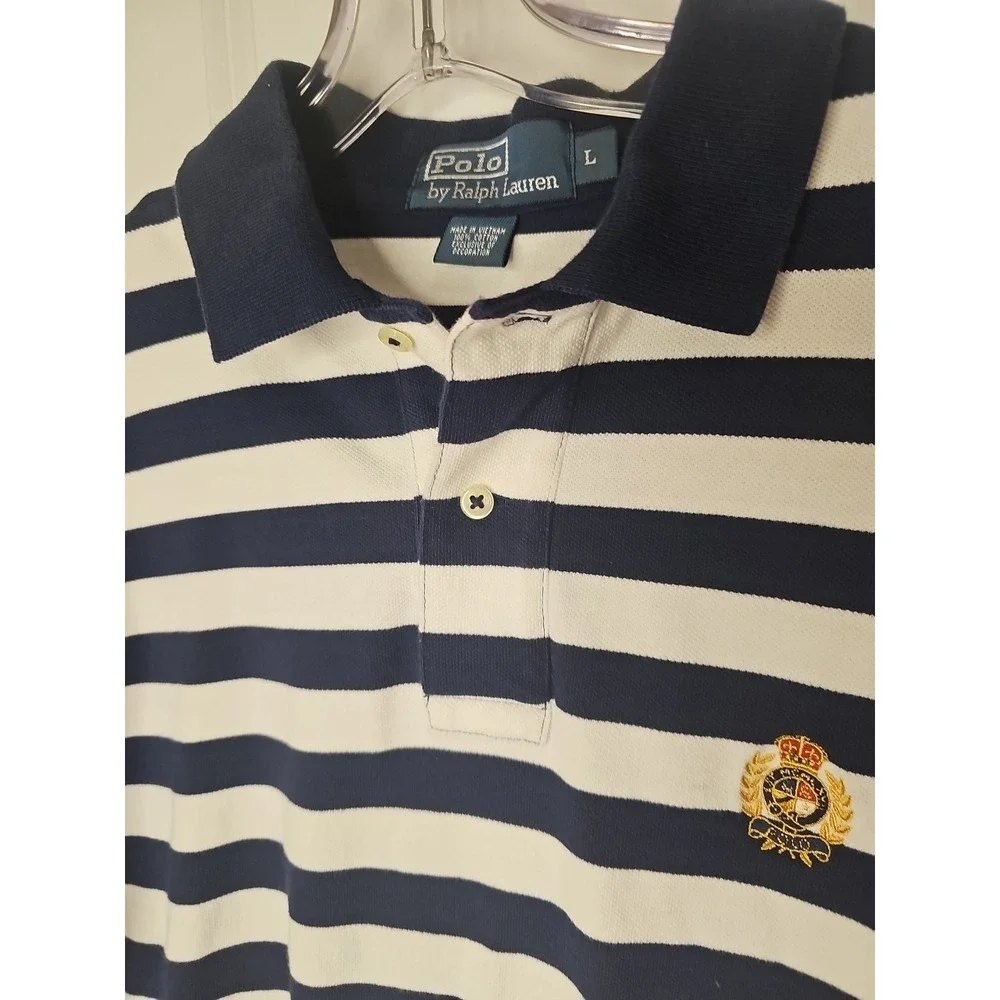 VTG 90s Polo Ralph Lauren Striped‎ Shirt Mens Navy White Crest Embroidered Sz L
